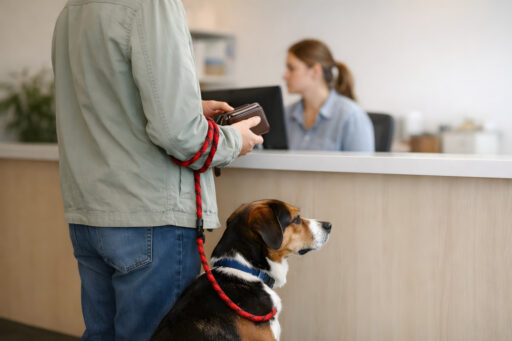 Owner Waiting to Pay Vet Bill With Their Pet Dog at a Veterinary Reception Desk