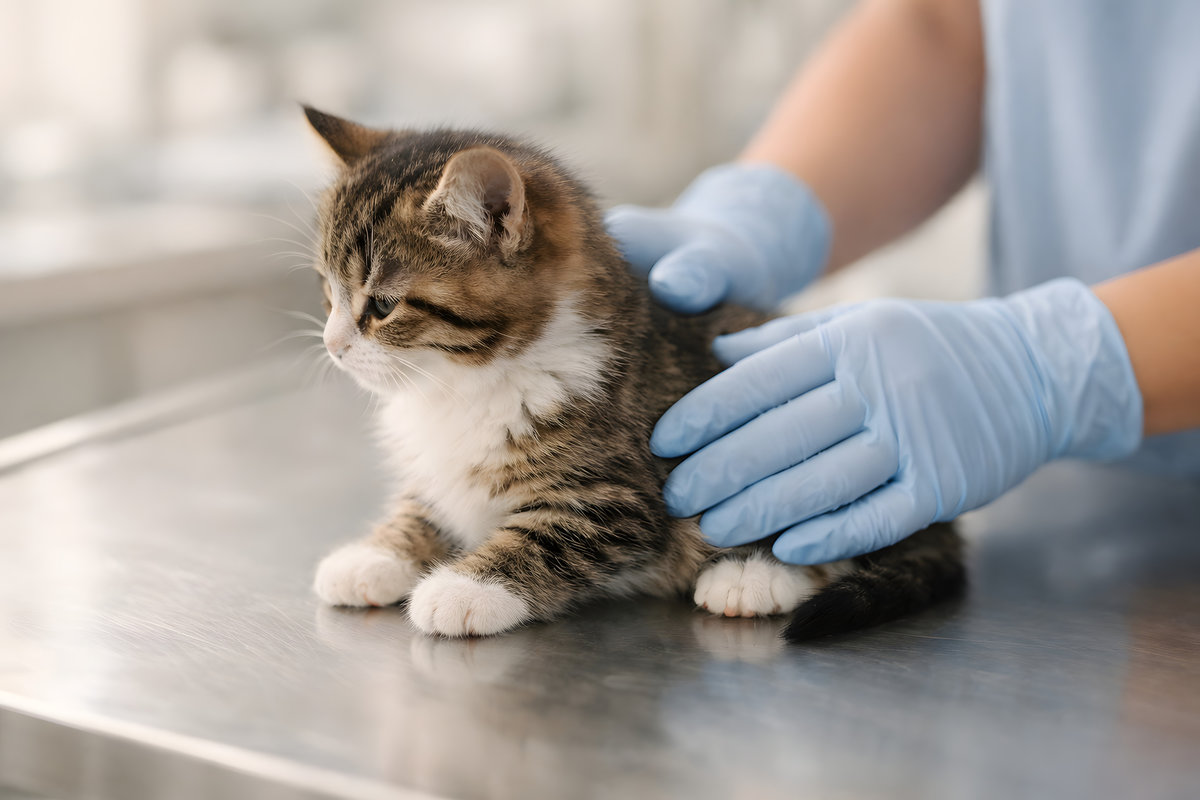 Tabby Kitten at Veterinary Exam Table with Gloved Hands