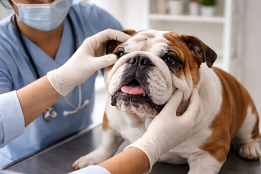 Veterinarian examining an English bulldog with wrinkled facial skin folds